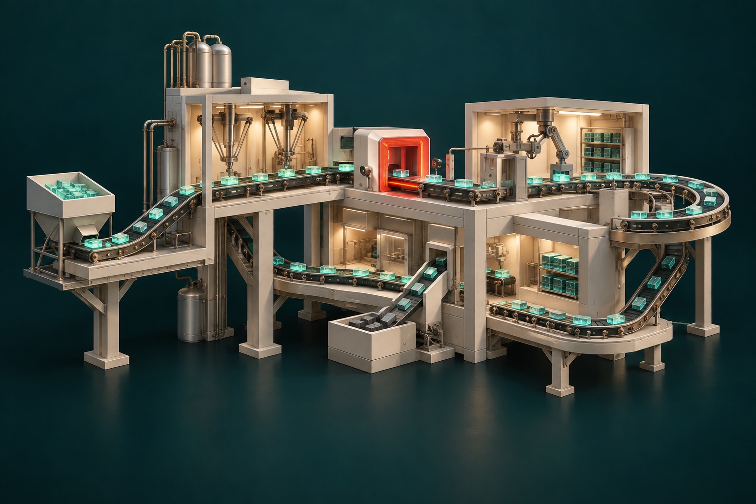 Architectural miniature of an autonomous software factory with connected production rooms and a red inspection gate