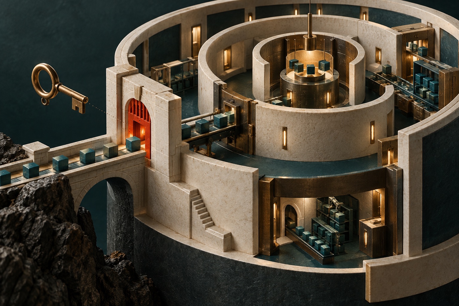 Nested architectural chambers with a single red access gate and a suspended key